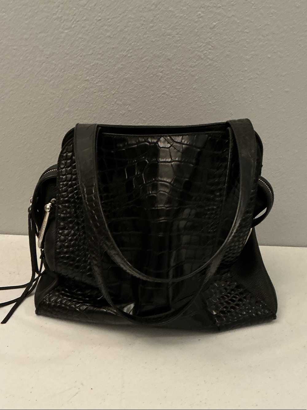 Vince Camuto Black Croc-Embossed Shoulder Bag in Genuine Leather